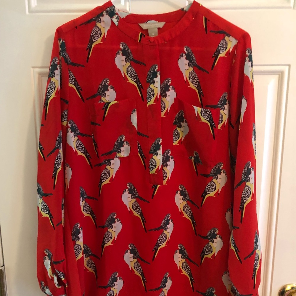 Banana Republic Red Bird Parrot Tunic Blouse